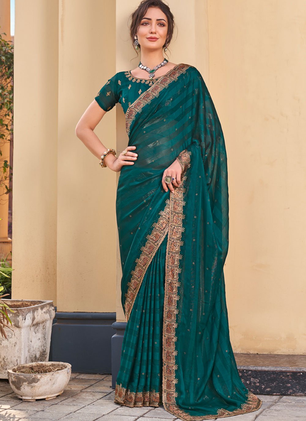 Swarovski Work Heavy Border Georgette Saree Exporter Supplier from Jalore  India