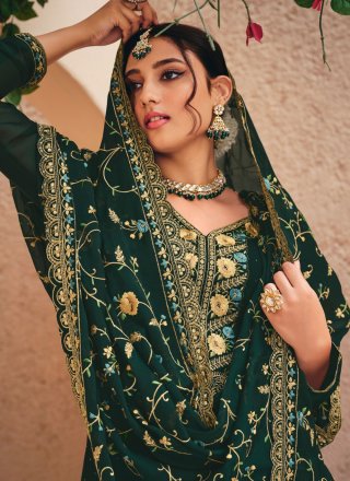Embroidered and Swarovski Work Georgette Salwar Suit In Green for Ceremonial