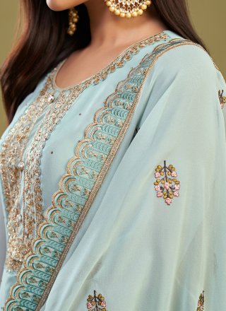 Embroidered and Swarovski Work Georgette Trendy Suit In Firozi