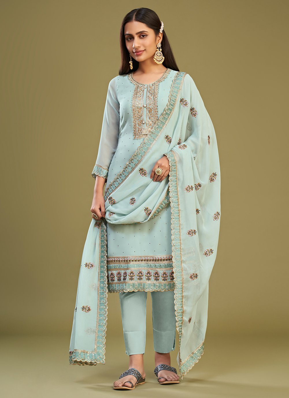 embroidered and swarovski work georgette trendy suit in firozi 279937