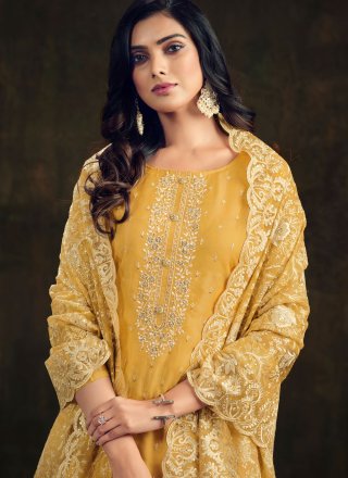 Embroidered and Swarovski Work Organza Salwar Suit In Yellow