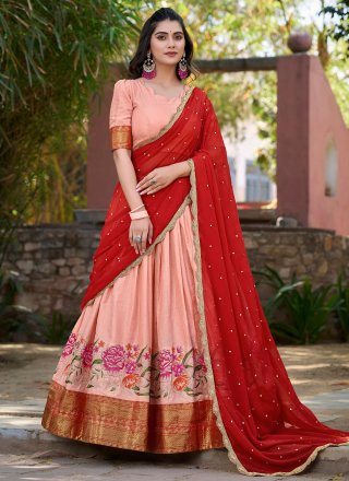 Embroidered and Thread Work Cotton Silk Lehenga Choli In Peach for Ceremonial