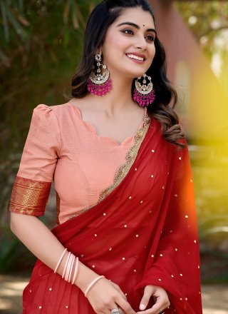 Embroidered and Thread Work Cotton Silk Lehenga Choli In Peach for Ceremonial