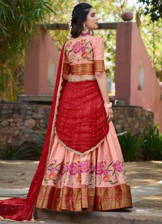 Embroidered and Thread Work Cotton Silk Lehenga Choli In Peach for Ceremonial