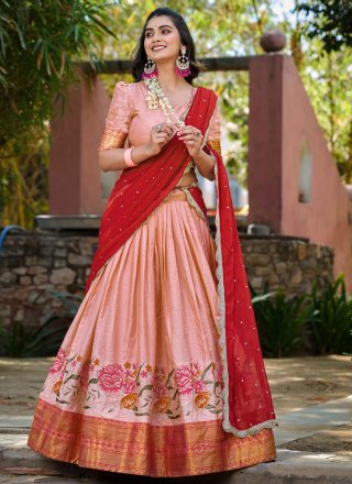 Embroidered and Thread Work Cotton Silk Lehenga Choli In Peach for Ceremonial
