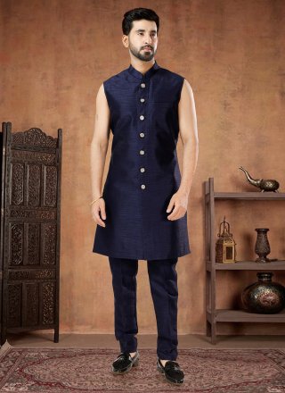Embroidered and Thread Work Jacquard Indo Western In Blue for Engagement