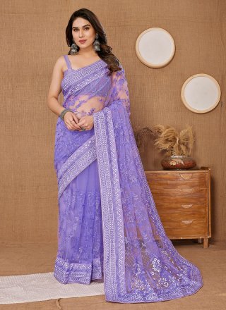 Embroidered and Thread Work Net Designer Sari In Purple