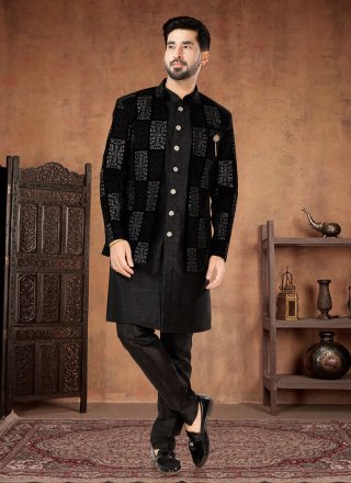 Embroidered and Thread Work Silk Indo Western In Black for Engagement
