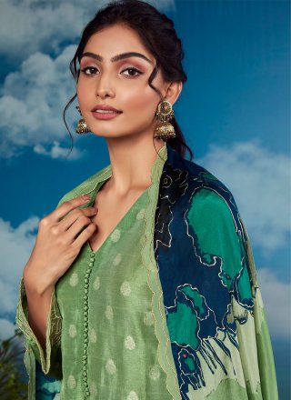 Embroidered and Weaving Work Muslin Trendy Suit In Green