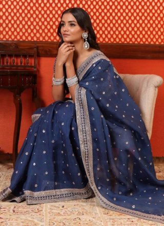 Embroidered and Weaving Work Organza Classic Saree In Blue