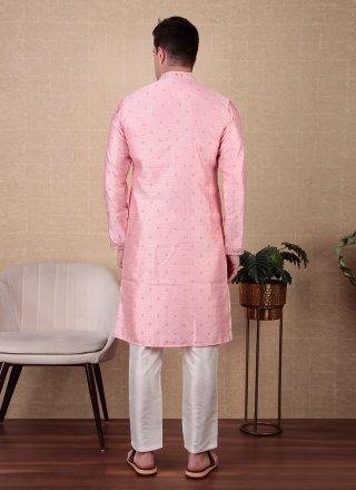 Embroidered and Woven Work Jacquard Silk Kurta Pyjama In Pink for Casual