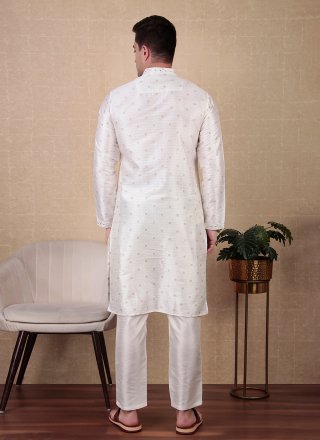 Embroidered and Woven Work Jacquard Silk Kurta Pyjama In White