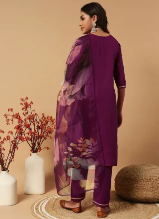Embroidered and Zari Work Cotton Pant Style Suit In Purple for Casual
