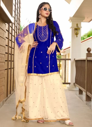 Embroidered and Zari Work Cotton Silk Salwar Suit In Blue for Ceremonial