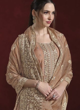 Embroidered and Zari Work Organza Salwar Suit In Pink for Ceremonial