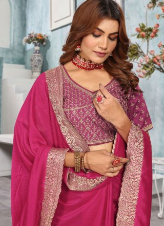Embroidered and Zari Work Vichitra Silk Classic Saree In Rani