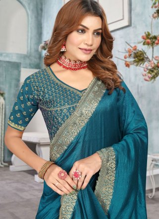 Embroidered and Zari Work Vichitra Silk Designer Sari In Morpeach