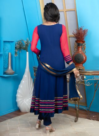 Embroidered, Fancy and Lace Work Georgette Pant Style Suit In Blue for Ceremonial