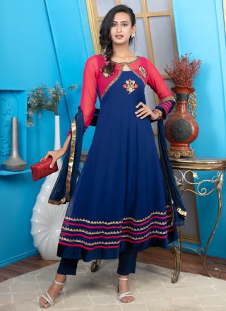 Embroidered, Fancy and Lace Work Georgette Pant Style Suit In Blue for Ceremonial