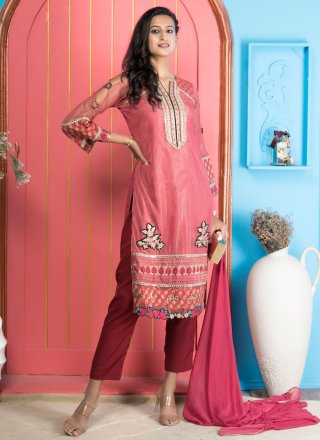 Embroidered, Fancy and Lace Work Net Salwar Suit In Pink