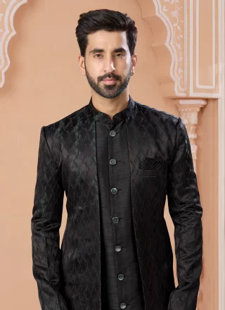 Embroidered, Fancy and Thread Work Jacquard Indo Western Sherwani In Black
