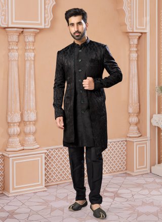 Embroidered, Fancy and Thread Work Jacquard Indo Western Sherwani In Black