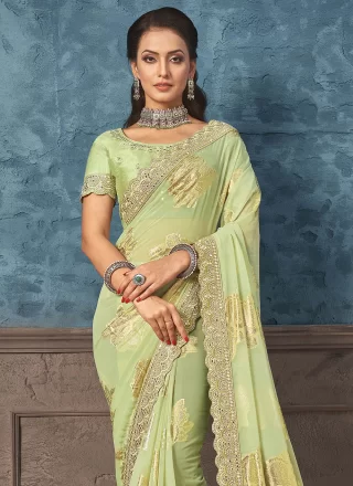 Embroidered, Foil Print and Mirror Work Georgette Classic Sari In Green