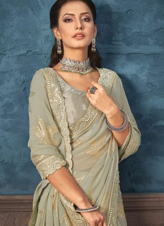 Embroidered, Foil Print and Mirror Work Georgette Classic Sari In Green for Ceremonial