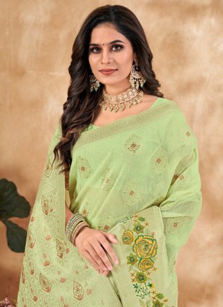 Embroidered, Foil Print and Stone Work Silk Contemporary Sari In Green for Party