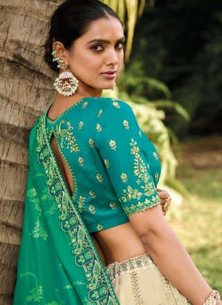 Embroidered, Gota, Patch Border and Sequins Work Banarasi Silk Lehenga Choli In Cream and Green