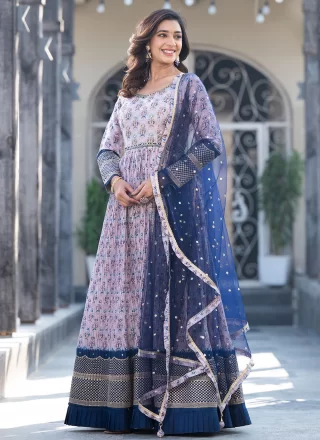 sky blue chinon silk designer readymade gown with dupatta online