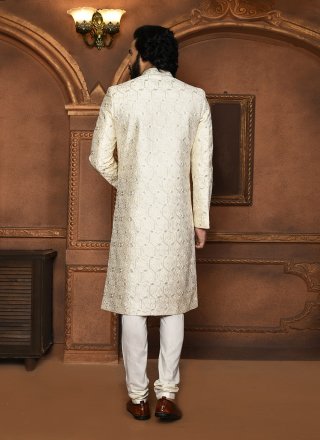 Embroidered, Hand and Resham Work Art Silk Sherwani Mens Wear In Off White