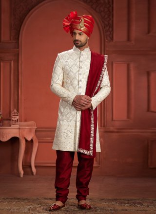 Embroidered, Hand and Sequins Work Pure Silk Sherwani Mens Wear In Cream and Maroon