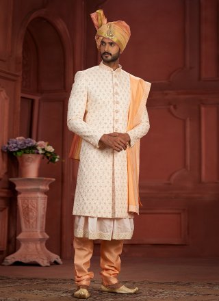 Embroidered, Hand and Sequins Work Pure Silk Sherwani Mens Wear In Cream and Peach