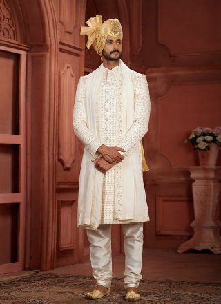Embroidered, Hand and Sequins Work Pure Silk Sherwani Mens Wear In Cream for Ceremonial
