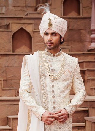 Embroidered, Hand and Thread Work Art Silk Sherwani Mens Wear In Cream