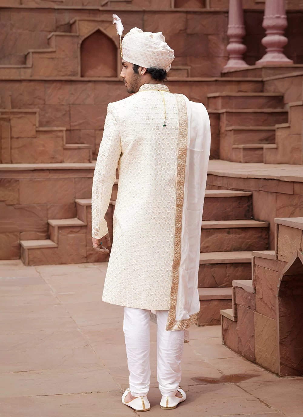 Embroidered Hand and Thread Work Art Silk Sherwani Mens Wear In Cream Buy Online