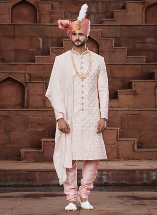 Embroidered, Hand and Thread Work Art Silk Sherwani Mens Wear In Peach