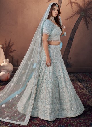 Embroidered, Hand, Resham and Sequins Work Georgette Lehenga Choli In Firozi
