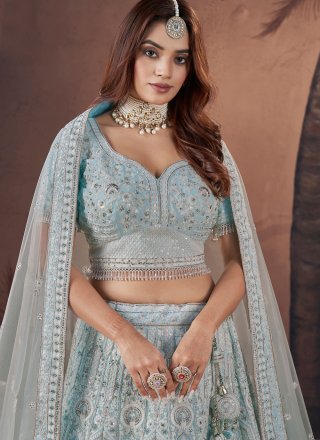 Embroidered, Hand, Resham and Sequins Work Georgette Lehenga Choli In Firozi