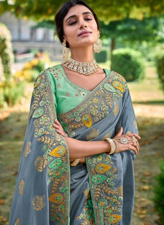Embroidered, Hand, Sequins and Stone Work Fancy Fabric Trendy Saree In Grey