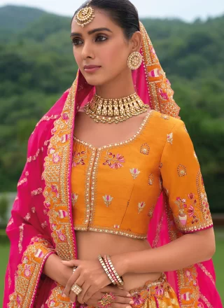 Embroidered, Jacquard, Khatli and Stone Work Silk Lehenga Choli In Yellow for Ceremonial