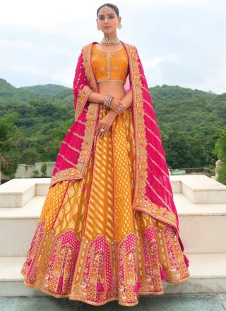 Embroidered, Jacquard, Khatli and Stone Work Silk Lehenga Choli In Yellow for Ceremonial