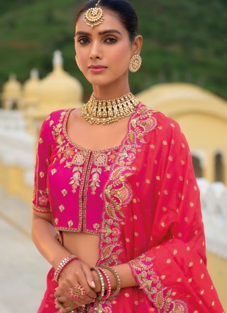 Embroidered, Jacquard, Khatli, Stone and Zari Work Silk Lehenga Choli In Rani and Red for Ceremonial