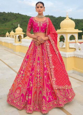 Embroidered, Jacquard, Khatli, Stone and Zari Work Silk Lehenga Choli In Rani and Red for Ceremonial