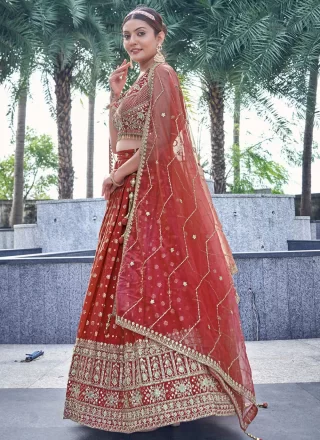Embroidered, Jacquard, Sequins and Zari Work Pure Dola Readymade Lehenga Choli In Rust