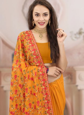 Embroidered, Kashmiri and Resham Work Georgette Classic Sari In Mustard for Ceremonial