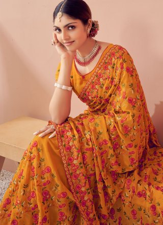 Embroidered, Kashmiri and Resham Work Georgette Contemporary Sari In Mustard