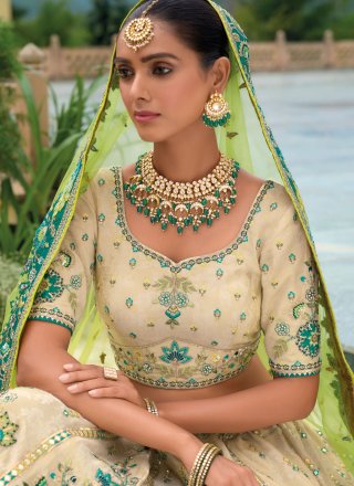 Embroidered, Khatli, Mirror, Stone and Zari Work Silk Lehenga Choli In Cream and Green
