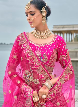 Embroidered, Khatli, Sequins, Stone, Thread and Zari Work Silk Lehenga Choli In Rani